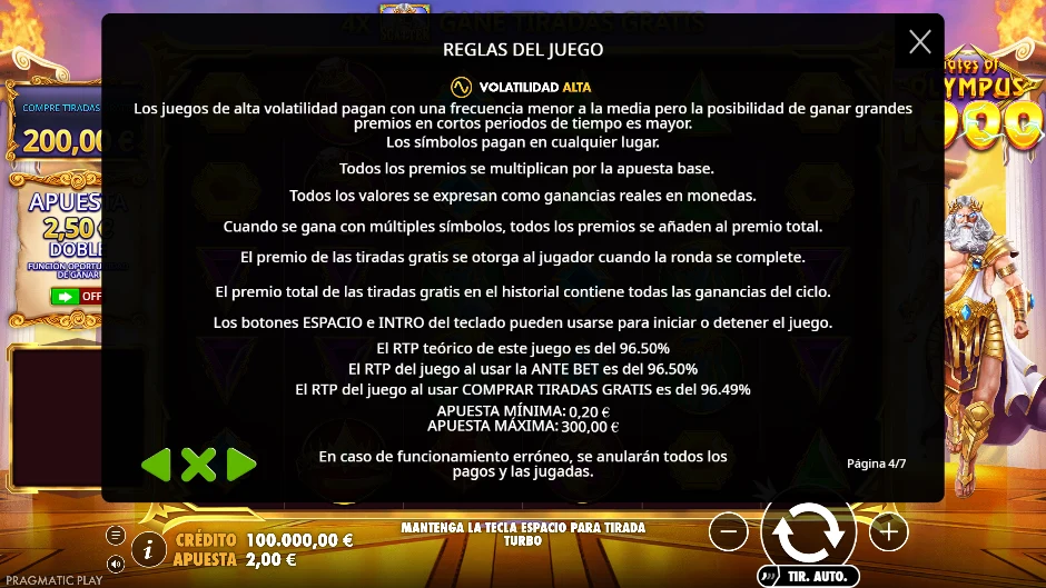 RTP y volatilidad de Gates of Olympus 1000