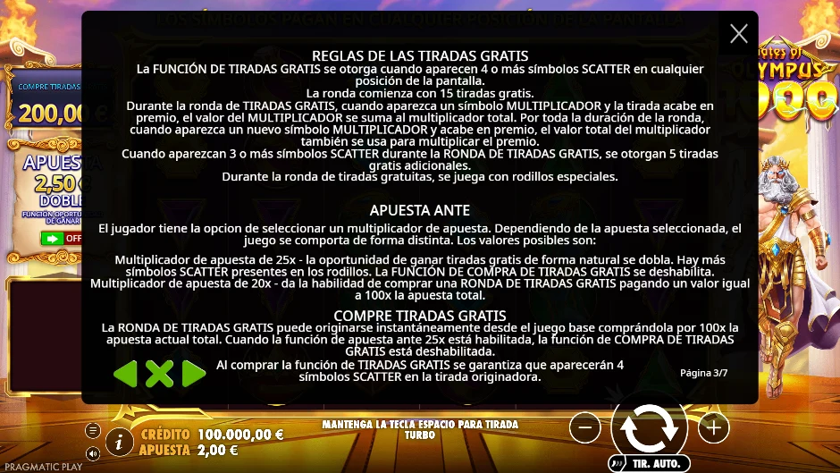 Tiradas gratis, ante y compra en Gates of Olympus 1000