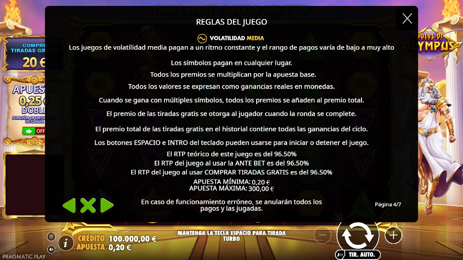 RTP y volatilidad de Gates of Olympus