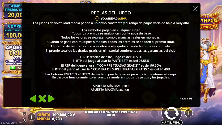 RTP y volatilidad de Gates of Olympus Super Scatter
